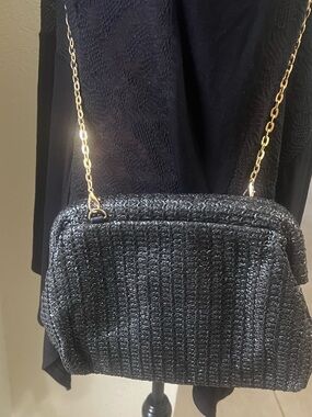 Black Woven Crossbody Bag with Gold Chain Strap